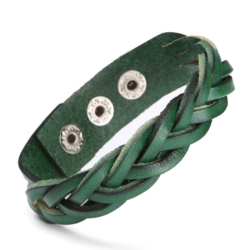 CCBFY Genuine Leather Bracelet Braided Sporty Wide Wristband Punk Jewelry for Men Women Green - Image 1
